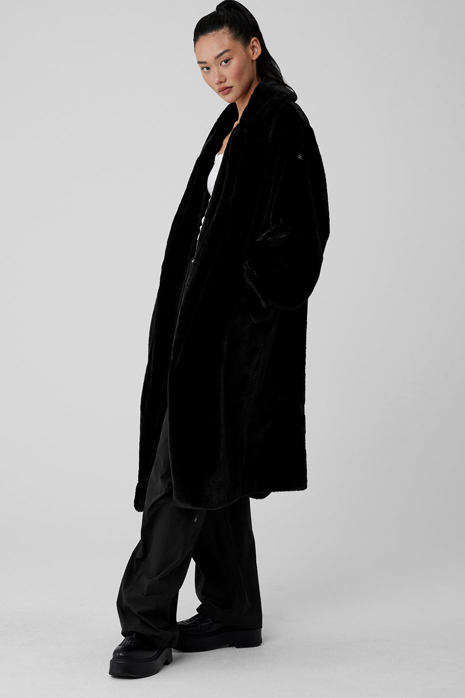 Oversized Faux Fur Trench - Black
