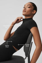 Seamless Pointelle Mock Neck Short Sleeve - Black