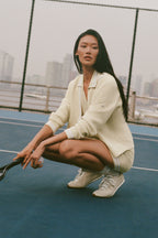 Tennis Club Sweater Knit Cardigan - Oatmeal/White