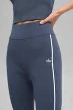 Ribbed Sweater Knit Highline Flare Pant - Bluestone/White