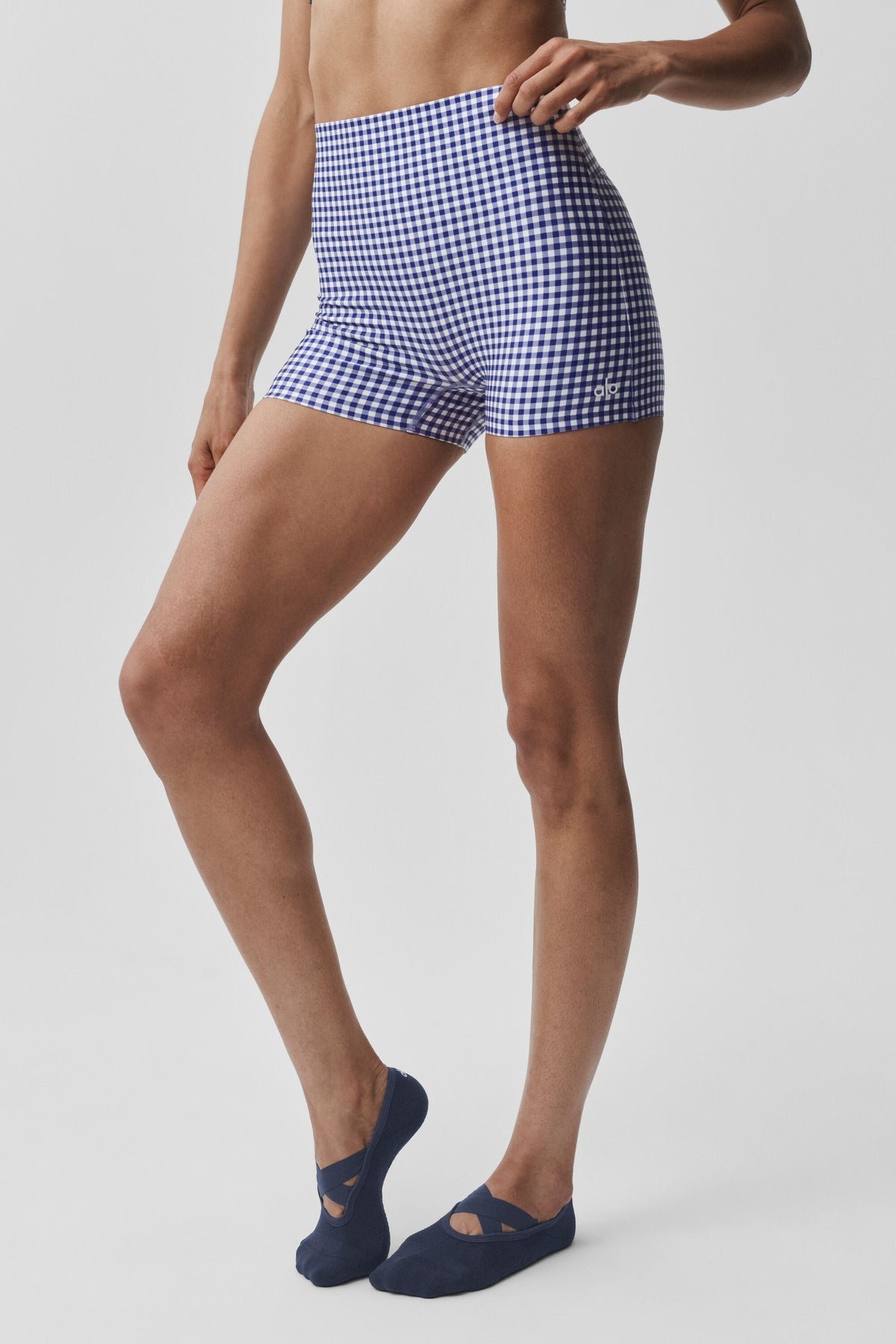 3 Airlift Gingham High-Waist Sleek Short - Navy Gingham